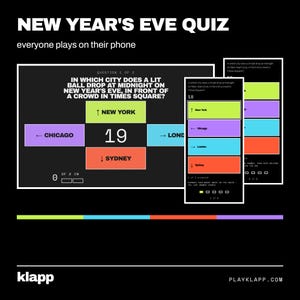 May include: A New Year's Eve quiz game interface displayed on a screen and mobile devices. The screen shows a question about a ball drop in Times Square with four colored answer boxes labeled New York, Chicago, London, and Sydney, and a timer.