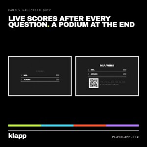 Puede incluir: Un gr&aacute;fico negro con el texto FAMILY HALLOWEEN QUIZ, LIVE SCORES AFTER EVERY QUESTION. A PODIUM AT THE END. Dos rect&aacute;ngulos con borde blanco muestran marcadores con los nombres Mia y Jonas, un c&oacute;digo QR y el texto MIA WINS.