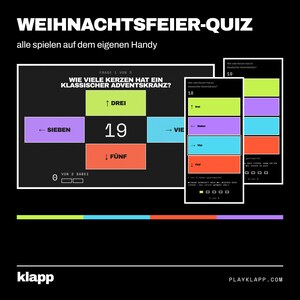 Pode incluir: Uma interface de jogo de quiz para festas de Natal exibida em uma tela e dispositivos m&oacute;veis. A tela mostra o texto WEIHNACHTSFEIER-QUIZ e uma pergunta sobre velas de coroa do advento com op&ccedil;&otilde;es em verde, roxo, azul e laranja.