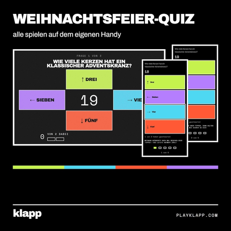 Pode incluir: Uma interface de jogo de quiz para festas de Natal exibida em uma tela e dispositivos m&oacute;veis. A tela mostra o texto WEIHNACHTSFEIER-QUIZ e uma pergunta sobre velas de coroa do advento com op&ccedil;&otilde;es em verde, roxo, azul e laranja.