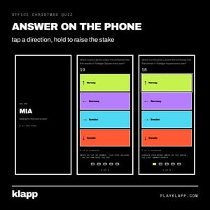 May include: A digital interface for an office Christmas quiz titled ANSWER ON THE PHONE. The screen displays multiple-choice questions with colour-coded answer boxes for Norway, Germany, Sweden, and Canada, featuring directional arrows and game status indicators.