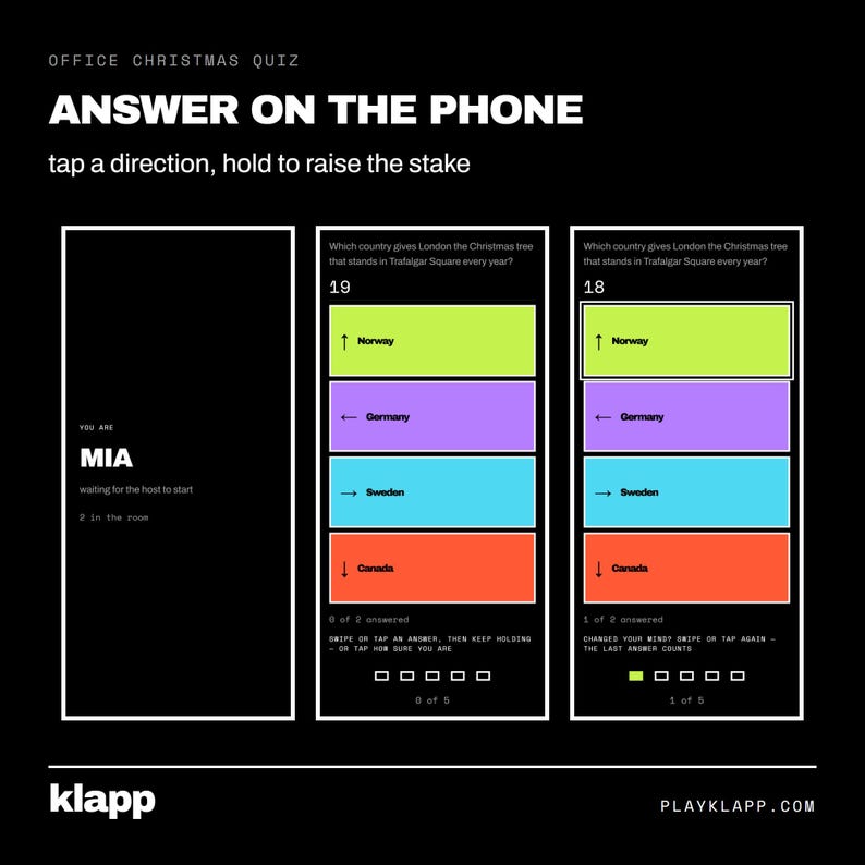 May include: A digital interface for an office Christmas quiz titled ANSWER ON THE PHONE. The screen displays multiple-choice questions with colour-coded answer boxes for Norway, Germany, Sweden, and Canada, featuring directional arrows and game status indicators.