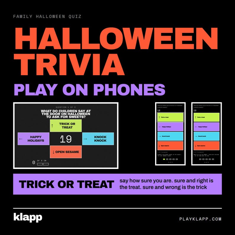 Puede incluir: Un gr&aacute;fico de juego de trivia digital de Halloween con texto naranja HALLOWEEN TRIVIA y texto morado PLAY ON PHONES. La pantalla muestra una pregunta de trivia sobre trick or treat con opciones m&uacute;ltiples en verde, morado, azul y naranja.