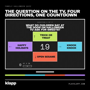 Puede incluir: Una pantalla de cuestionario familiar de Halloween digital con el texto THE QUESTION ON THE TV, FOUR DIRECTIONS, ONE COUNTDOWN. Una cuenta regresiva central muestra 19, rodeada por cuatro cuadros de colores con las opciones: Trick or Treat, Happy Holidays, Knock Knock y Open Sesame.