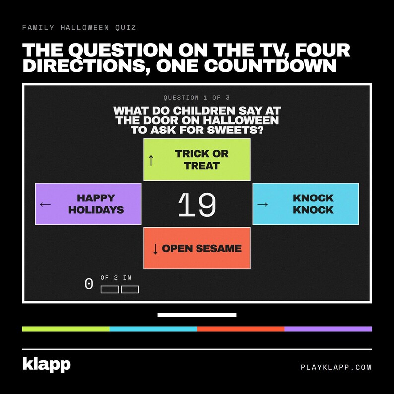 Puede incluir: Una pantalla de cuestionario familiar de Halloween digital con el texto THE QUESTION ON THE TV, FOUR DIRECTIONS, ONE COUNTDOWN. Una cuenta regresiva central muestra 19, rodeada por cuatro cuadros de colores con las opciones: Trick or Treat, Happy Holidays, Knock Knock y Open Sesame.