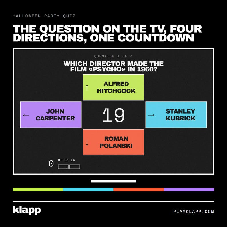 Op de afbeelding: Een digitaal Halloween-feestquizscherm met de tekst THE QUESTION ON THE TV, FOUR DIRECTIONS, ONE COUNTDOWN. Een centrale vraag vraagt welke regisseur de film Psycho in 1960 maakte, met vier gekleurde antwoordvakken met Alfred Hitchcock, John Carpenter, Stanley Kubrick en Roman Polanski, naast een afteltimer die 19 aangeeft.