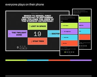 Könnte beinhalten: Eine digitale Quizspiel-Oberfläche mit dem Titel BORN IN 1966 TRIVIA, die eine Frage zu einer TV-Serie aus dem Jahr 1966 stellt. Der Bildschirm zeigt Multiple-Choice-Optionen in grünen, lila, blauen und orangen Feldern mit Pfeilen sowie einen Timer.