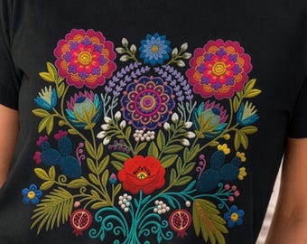 Mexican floral print T-shirt, boho 70s style, vintage vibes, heavy cotton basic tee, handmade, gift for her