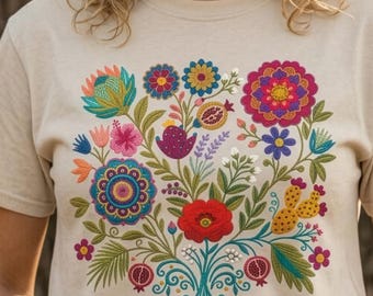 Boho T-Shirt 70s Style | Mexican Floral Vintage Tee | Retro Bohemian Cotton Shirt | Gift for Her