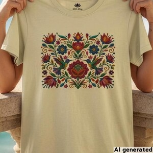 May include: A cream-colored short-sleeve t-shirt featuring a central rectangular graphic print. The design displays a symmetrical arrangement of colorful flowers, green leaves, and two hummingbirds in shades of red, blue, and yellow.