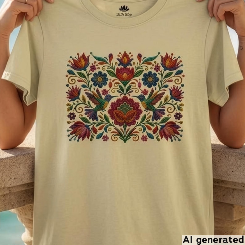 May include: A cream-colored short-sleeve t-shirt featuring a central rectangular graphic print. The design displays a symmetrical arrangement of colorful flowers, green leaves, and two hummingbirds in shades of red, blue, and yellow.