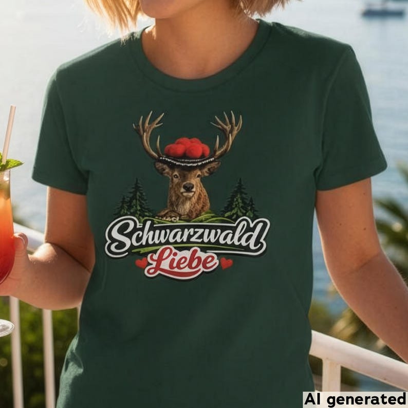 May include: A dark green short-sleeve t-shirt featuring a graphic of a deer wearing a traditional red pom-pom hat. Below the deer are evergreen trees and the text Schwarzwald Liebe in white script with two small red hearts on either side.