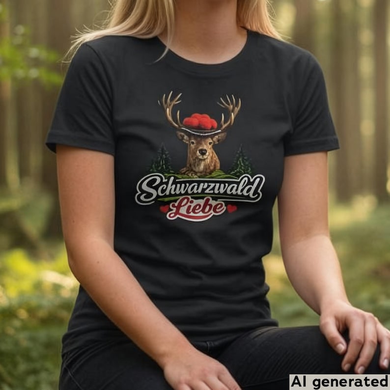 May include: A black short-sleeved t-shirt featuring a graphic of a deer wearing a traditional red pom-pom hat. Below the deer, the text reads Schwarzwald Liebe in white and red script, flanked by two small red hearts and green pine trees.
