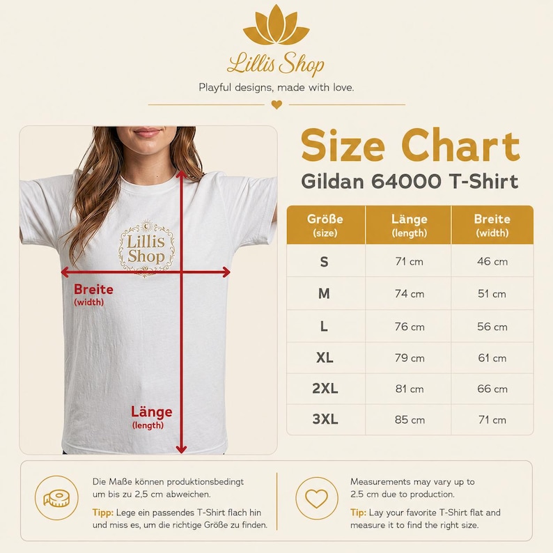 May include: A white Gildan 64000 t-shirt size chart featuring a graphic of a person wearing the shirt with red arrows indicating width and length measurements. The chart lists sizes S through 3XL with corresponding metric measurements in centimeters.