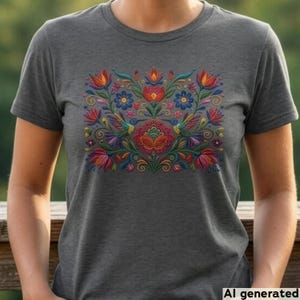 May include: A charcoal gray short-sleeved t-shirt featuring a vibrant, symmetrical floral and hummingbird graphic print on the chest. The design includes intricate red, orange, blue, and green patterns arranged in a dense, decorative botanical composition.