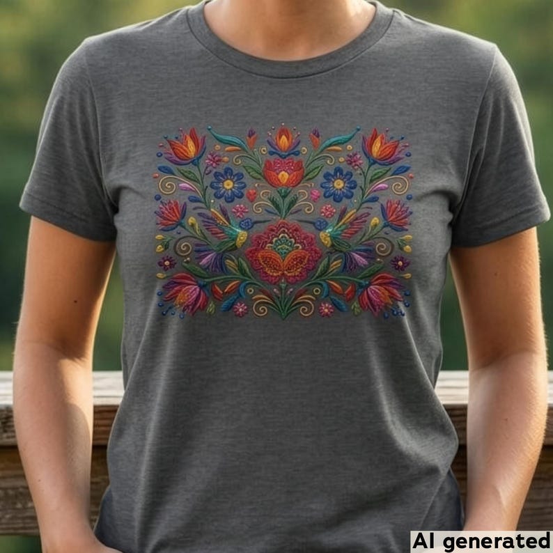 May include: A charcoal gray short-sleeved t-shirt featuring a vibrant, symmetrical floral and hummingbird graphic print on the chest. The design includes intricate red, orange, blue, and green patterns arranged in a dense, decorative botanical composition.