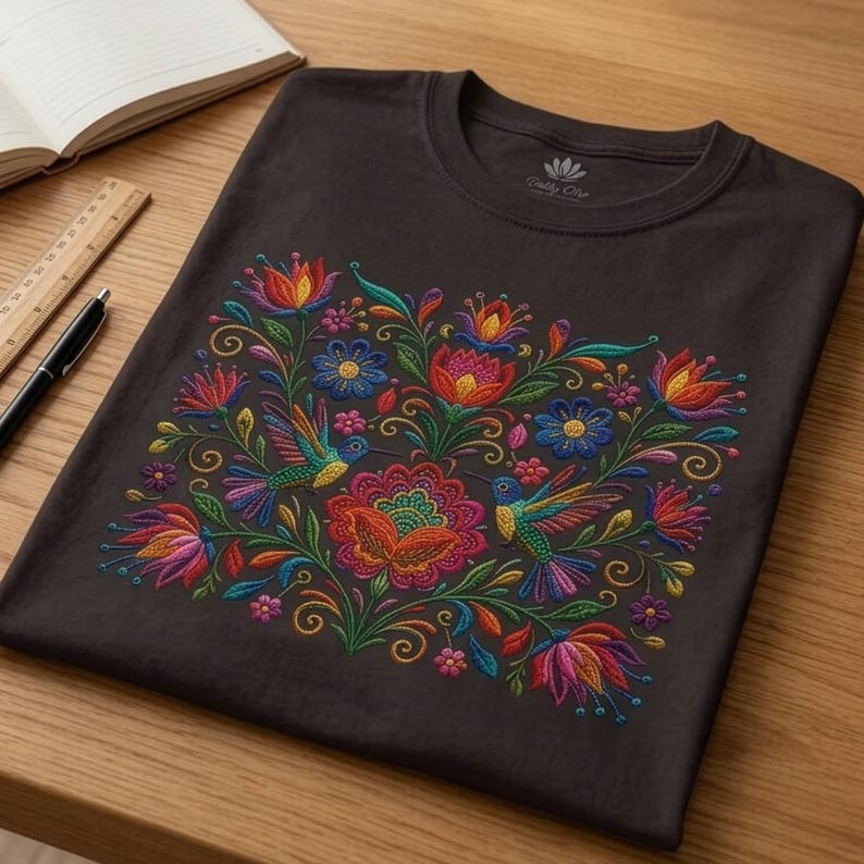May include: A dark brown t-shirt featuring a vibrant, multi-colored embroidered design of hummingbirds and various flowers. The embroidery includes shades of red, orange, yellow, blue, green, and purple, arranged in a symmetrical floral pattern.