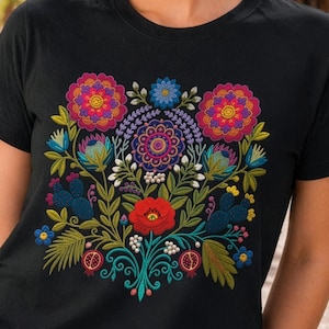 Mexikansk blommig t-shirt, boho 70-talsstil, vintage-vibbar, enkel t-shirt i kraftig bomull, handgjord, present till henne