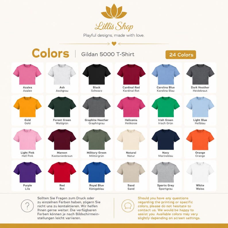 May include: A color chart for Gildan 5000 t-shirts from Lillis Shop, displaying 24 different shirt colors in a grid. Each color swatch is labeled with its name in English and German, including shades like Azalea, Black, Gold, and Navy.
