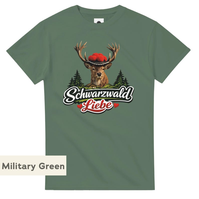 Black Forest T-shirt, deer with Bollenhut hat, unisex cotton T-shirt. image 9