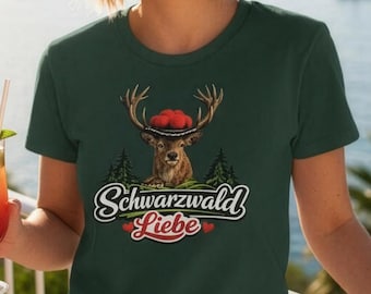 Camiseta Selva Negra, ciervo con gorro Bollenhut, camiseta unisex de algodón.
