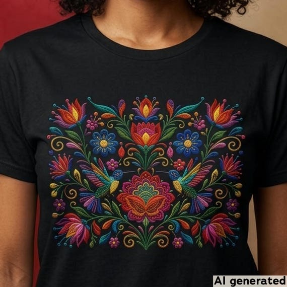 Mexikanisches Blumen T-Shirt mit Vögeln, Boho Style, Florales Oberteil, Damen Blumenmuster, Buntes Folklore Shirt, Geschenk Blumenliebhaber