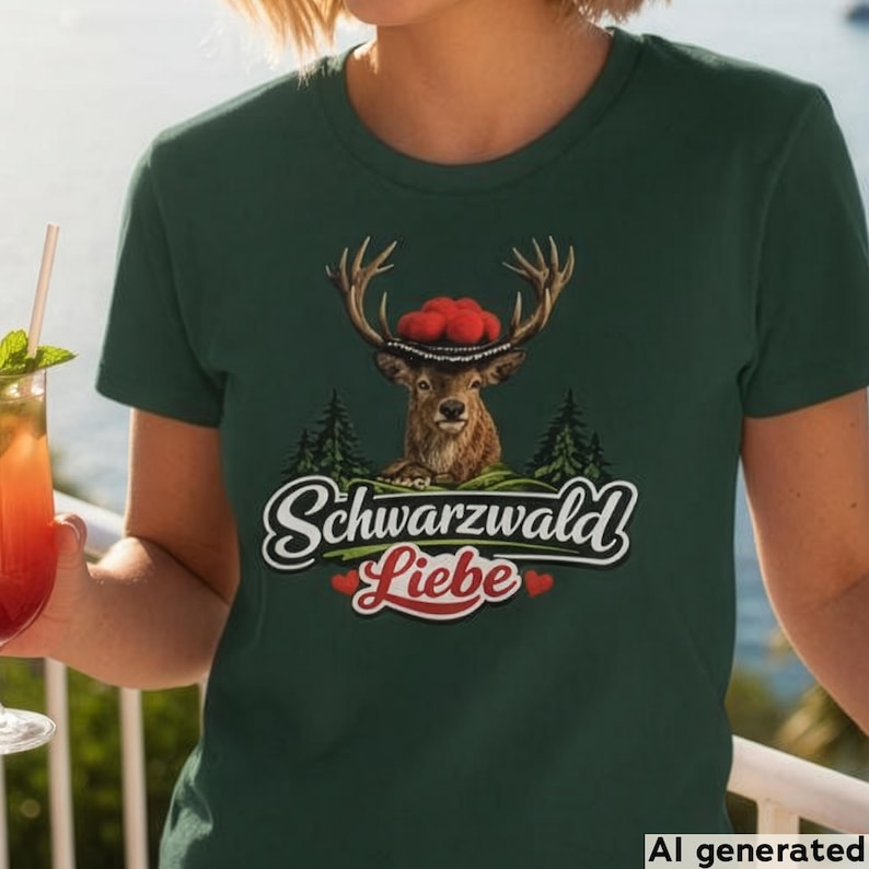 May include: A dark green t-shirt featuring a graphic of a deer wearing a traditional hat with red pom-poms, surrounded by pine trees. Below the deer, the text reads "Schwarzwald Liebe" in a white script font, accented by two small red hearts.