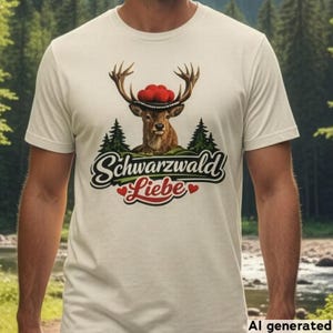 May include: A cream-colored short-sleeve t-shirt featuring a graphic of a deer wearing a traditional hat with red pom-poms. Below the deer are green pine trees and the text Schwarzwald Liebe in a decorative script font with two small red hearts.
