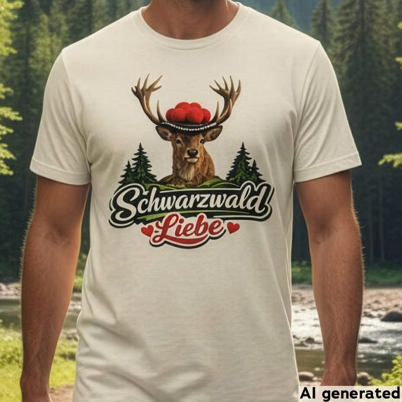 May include: A cream-colored short-sleeve t-shirt featuring a graphic of a deer wearing a traditional hat with red pom-poms. Below the deer are green pine trees and the text Schwarzwald Liebe in a decorative script font with two small red hearts.
