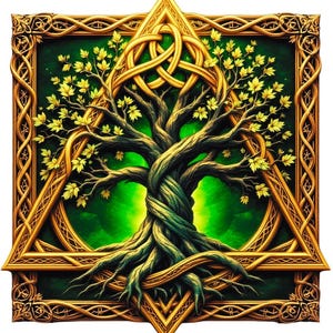 May include: A detailed illustration of a tree with intertwined trunk and roots, set within a gold-colored Celtic knot frame. The tree has green leaves and branches, set against a vibrant green background. The frame features intricate knotwork.
