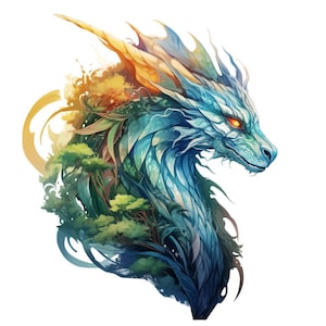 May include: A detailed illustration of a dragon's head, featuring a blend of blue, green, and gold hues. The dragon has glowing orange eyes and is partially adorned with foliage, creating a fantasy art theme.