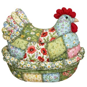 May include: A decorative chicken-shaped pillow with a patchwork design. The pillow features a red comb, a wooden beak, and a body made of various floral fabrics, including poppies and daisies. The chicken sits in a matching basket.