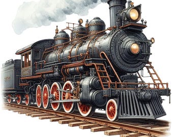 Puede incluir: Ilustración en acuarela de un tren de vapor vintage. El tren es negro con detalles cobrizos, ruedas con borde rojo y humo blanco saliendo de la chimenea. El tren está sobre una vía de madera. La palabra "CONNING" es visible.