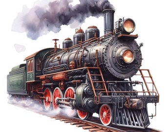 Puede incluir: Ilustración en acuarela de un tren de vapor antiguo. El tren es principalmente negro con detalles rojos en las ruedas y tuberías. El humo sale de la chimenea y el tren está representado sobre una vía.