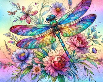 May include: A colorful watercolor illustration of a dragonfly with rainbow-colored wings, surrounded by flowers in shades of pink, purple, and blue. The dragonfly has a detailed, mosaic-like pattern on its wings. The background is a soft gradient of pastel colors.