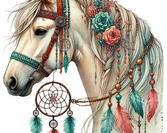 Może przedstawiać: Akwarelowa ilustracja białego konia ozdobionego dekoracjami w stylu boho. Koń ma brązowy skórzany nagłówek, łapacz snów i kolorowe pióra. Jego grzywa jest ozdobiona kwiatami i koralikami.