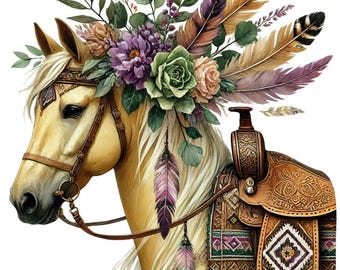 May include: Watercolor illustration of a horse with a cream-colored coat, adorned with a floral headdress of purple, green, and peach flowers, and feathers. The horse wears a brown leather bridle and saddle, decorated with geometric patterns and fringe.