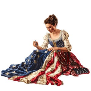 May include: An illustration of a woman in a colonial-style dress, sewing a flag. The dress is designed to resemble the American flag, with blue fabric and white stars, and red and white stripes.