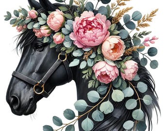 May include: A digital illustration of a black horse's head adorned with a floral crown. The crown features large pink peonies, smaller pink buds, and green eucalyptus leaves. The horse has a black bridle with gold accents.