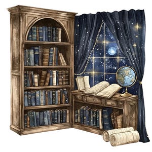 May include: Watercolor illustration of a cozy library corner. A large wooden bookcase is filled with books in various colors. A desk with an open book and a globe sits near a window with a starry night view. Rolled scrolls are on the floor.