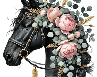 May include: A digital illustration of a black horse's head adorned with a floral crown. The crown features pink peonies, green eucalyptus, and gold accents. The horse wears a black bridle with gold details and decorative feathers.