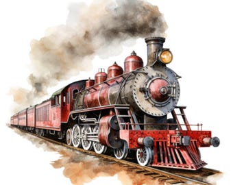 Puede incluir: Ilustración en acuarela de un tren de vapor vintage. El tren es principalmente rojo y negro, con ruedas blancas y una gran chimenea que emite humo gris oscuro. El tren está sobre una vía marrón.