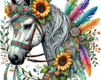 Może przedstawiać: Ilustracja białej głowy konia ozdobionej kwiatową koroną ze słoneczników i kolorowych piór. Koń ma ozdobny nagłówek z turkusowymi i pomarańczowymi akcentami. Zielone liście i okrągła rama otaczają głowę.