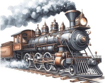 Puede incluir: Ilustración en acuarela de un tren de vapor antiguo. El tren es principalmente gris y marrón con ruedas blancas y una gran columna de humo oscuro. El tren está sobre una vía de madera.