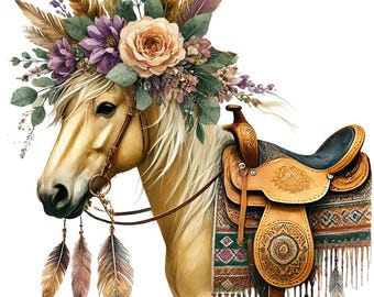 Puede incluir: Ilustración en acuarela de un caballo con un tocado floral y una silla de montar. El caballo tiene un pelaje marrón claro, una melena blanca y está adornado con una corona de flores, plumas y vegetación. Una silla de montar detallada con una manta estampada está en su espalda.