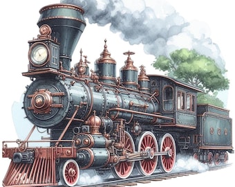 Puede incluir: Ilustración en acuarela de un tren de vapor antiguo. El tren presenta un cuerpo negro con detalles cobrizos, ruedas rojas y una chimenea prominente que emite una nube de humo blanco. El tren está sobre una vía, con un árbol al fondo.