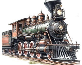 Puede incluir: Ilustración en acuarela de un tren de vapor antiguo. El tren presenta una locomotora negra con detalles verdes y cobrizos, ruedas rojas y una cabina de madera marrón. El tren está sobre una vía.
