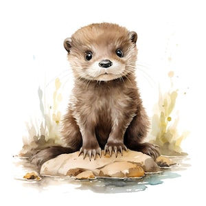 May include: Watercolor illustration of a cute, brown otter sitting on a rock in water. The otter has a fluffy coat, dark eyes, and a small nose. The background features soft watercolor washes of yellow and green.