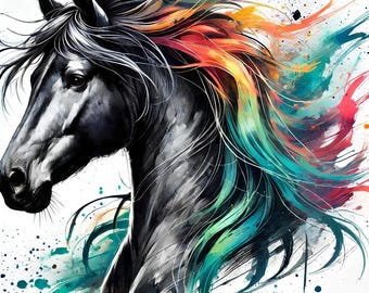 May include: A black horse head illustration with a flowing mane of vibrant colors, including orange, yellow, green, and blue. The artwork features a detailed rendering of the horse's face and neck, with a white background and colorful paint splatters.