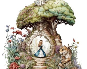 May include: Watercolor illustration of a whimsical scene featuring a young girl in a blue dress standing in a stone archway. A large tree with a castle on top frames the scene, surrounded by colorful flowers and a fantastical creature.